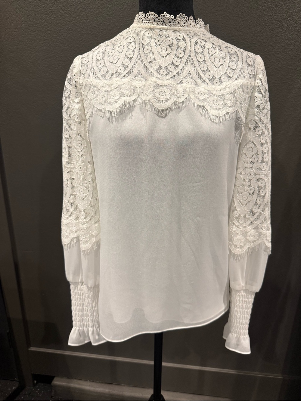 White House Black Market White Lace Yoke Long Sleeve Blouse